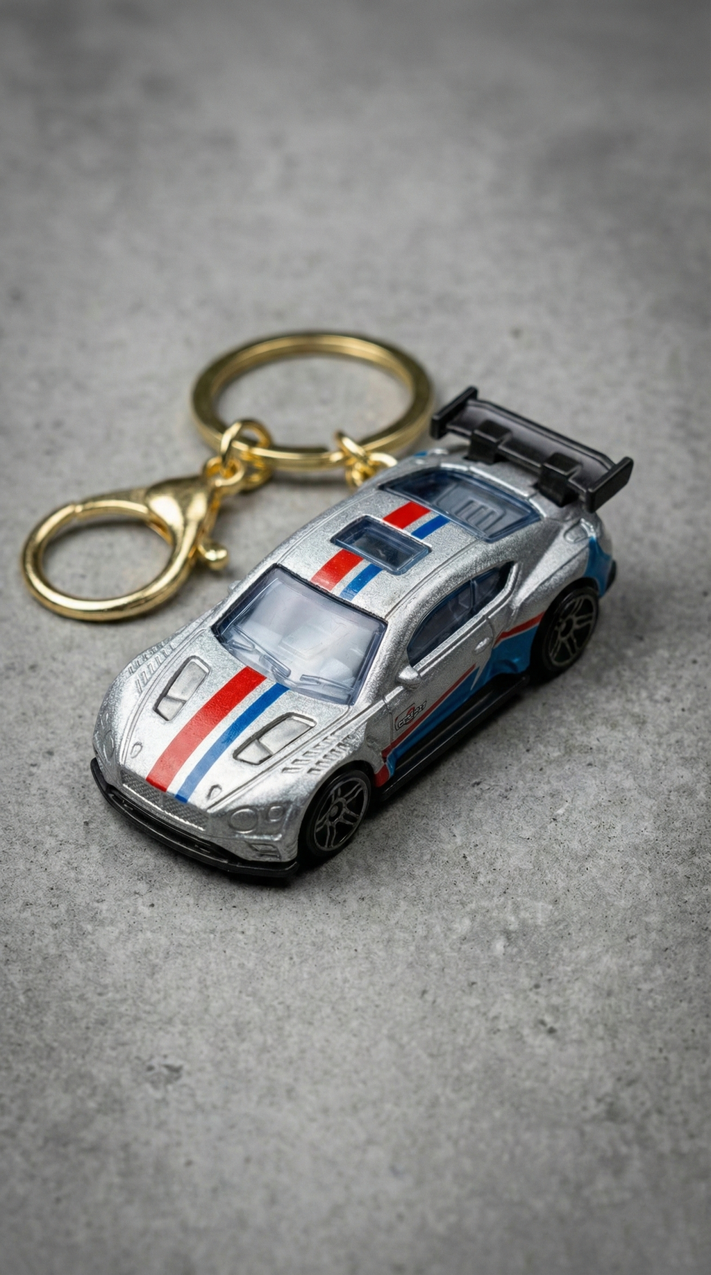 GT Race Car Silver Finish with Blue & Red Stripes Keychain | Hellzone