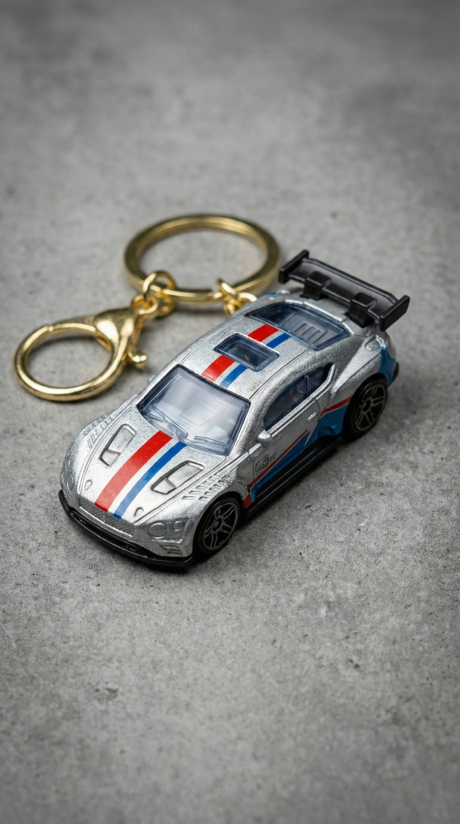 GT Race Car Silver Finish with Blue & Red Stripes Keychain | Hellzone