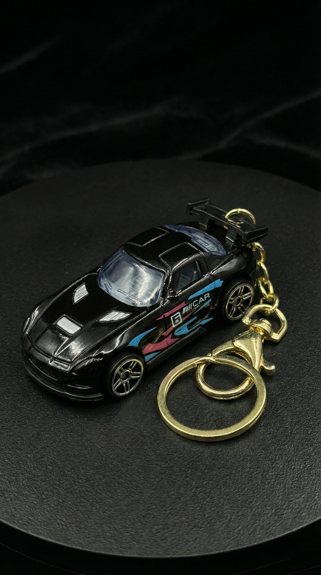 Sports Car Black Finish with Neon Racing Decals Keychain | Hellzone