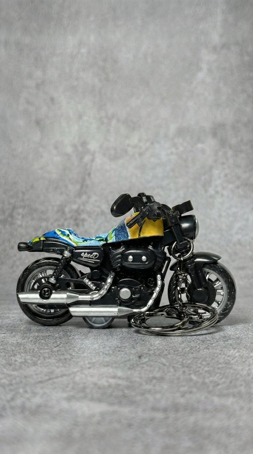 Cruiser Chopper Motorcycle Black & Tropical Abstract Tank Replica Keychain | Hellzone
