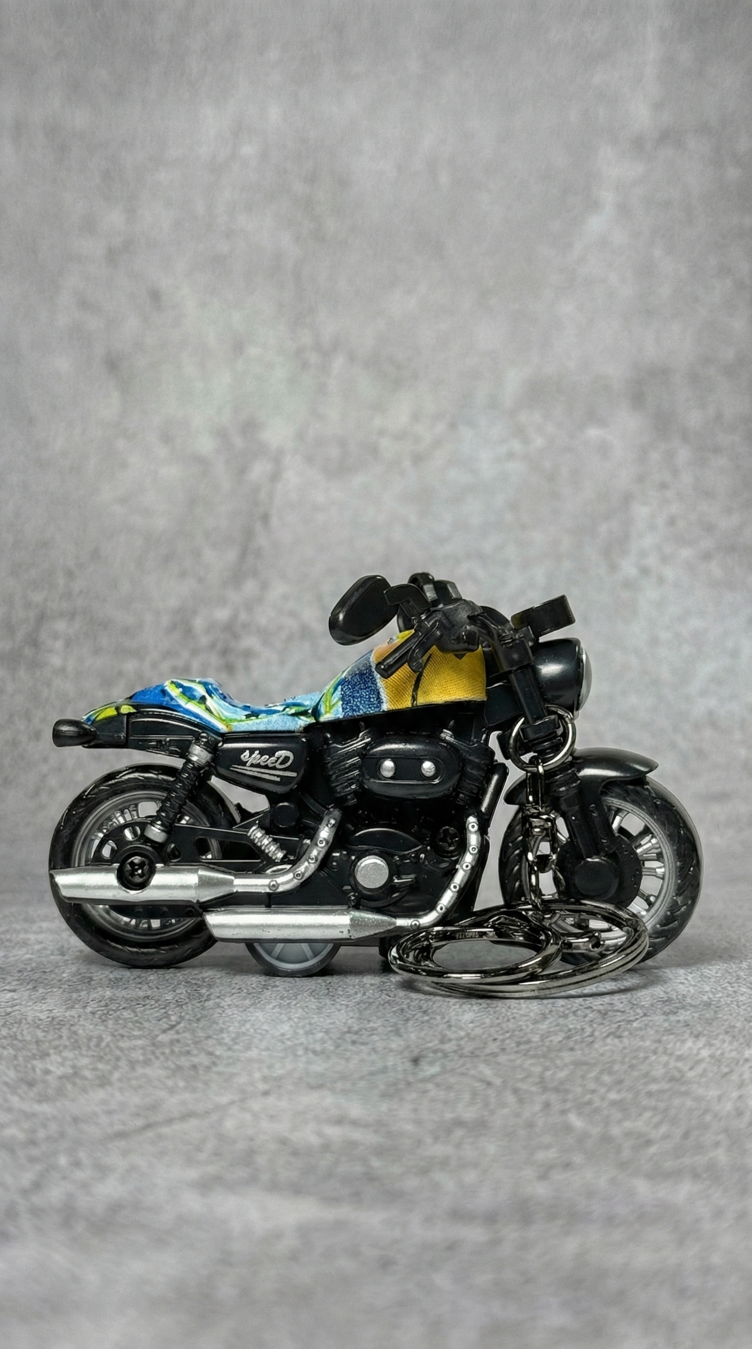 Cruiser Chopper Motorcycle Black & Tropical Abstract Tank Replica Keychain | Hellzone