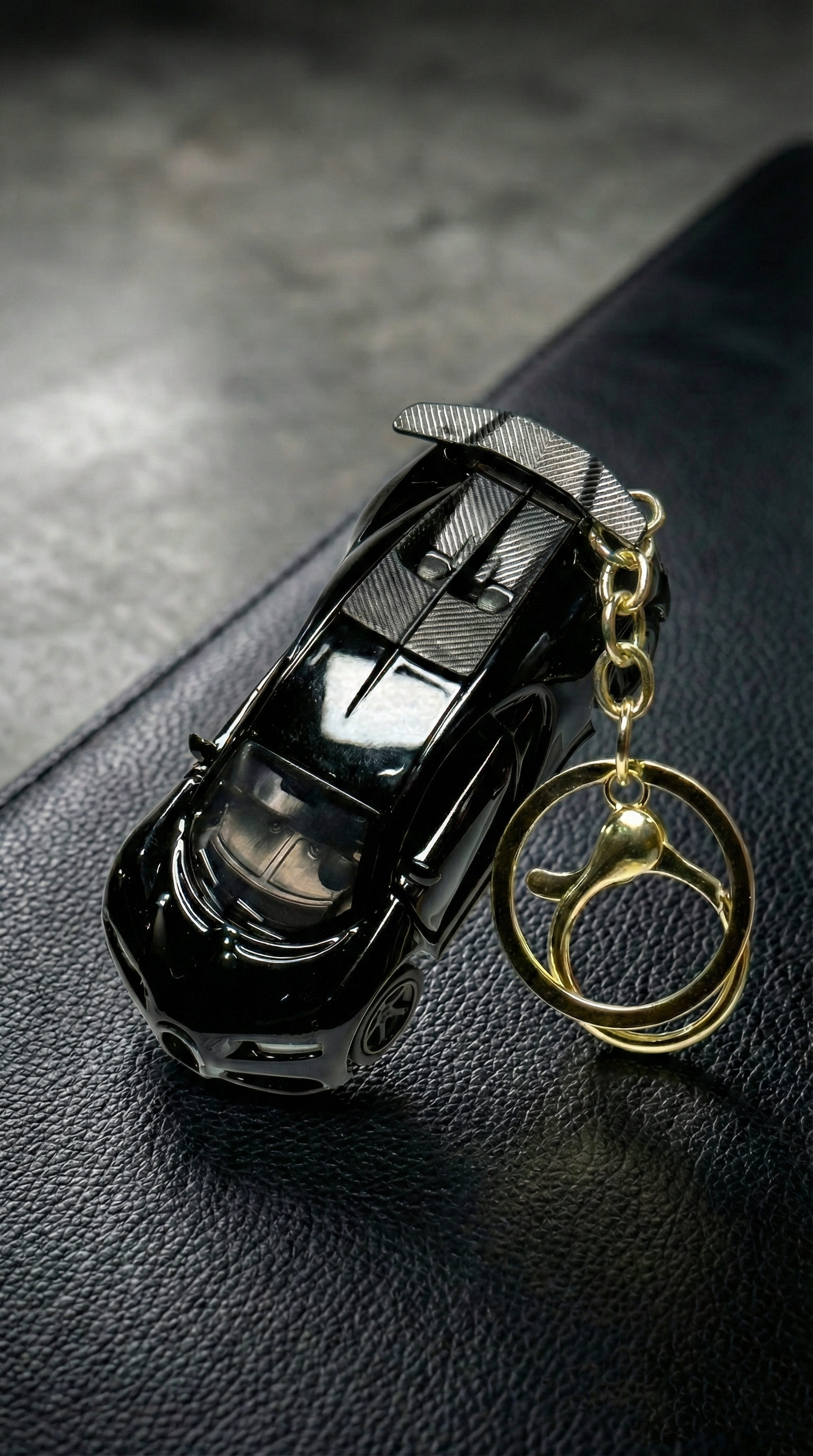 Black Hypercar Sports Car with Steering Wheel Charm & Gold Ring Keychain | Hellzone