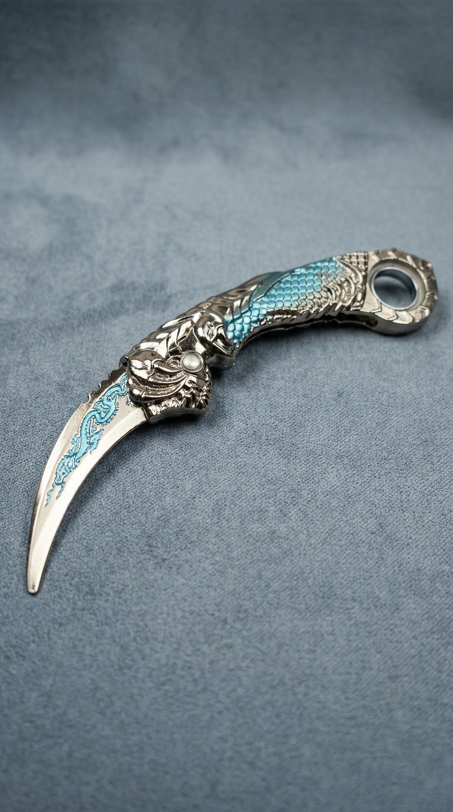 Dragon Karambit Knife - Ornate Silver & Blue Fantasy Blade | Hellzone