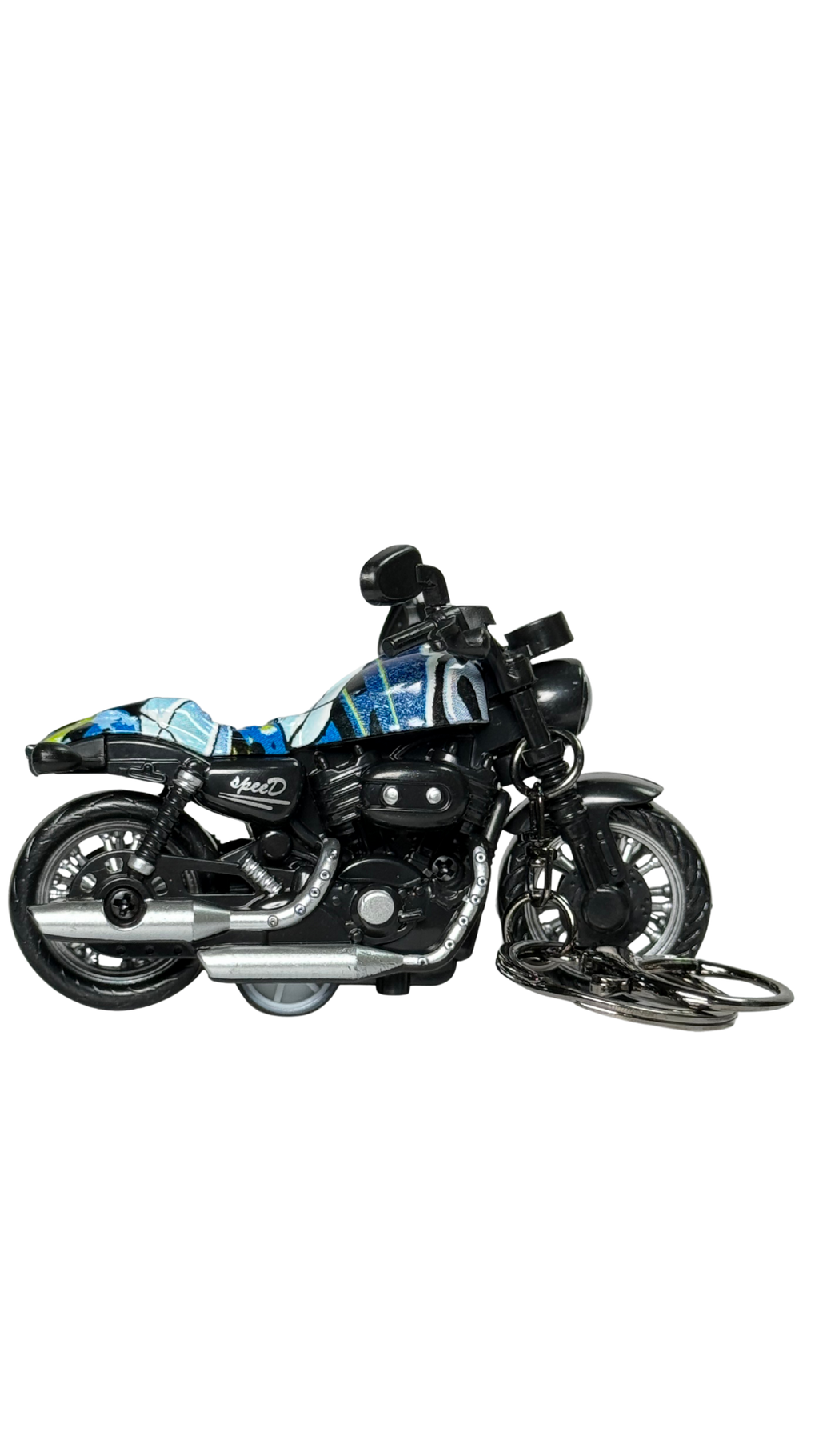 Cruiser Chopper Motorcycle Black & Blue Abstract Tank Replica Keychain | Hellzone