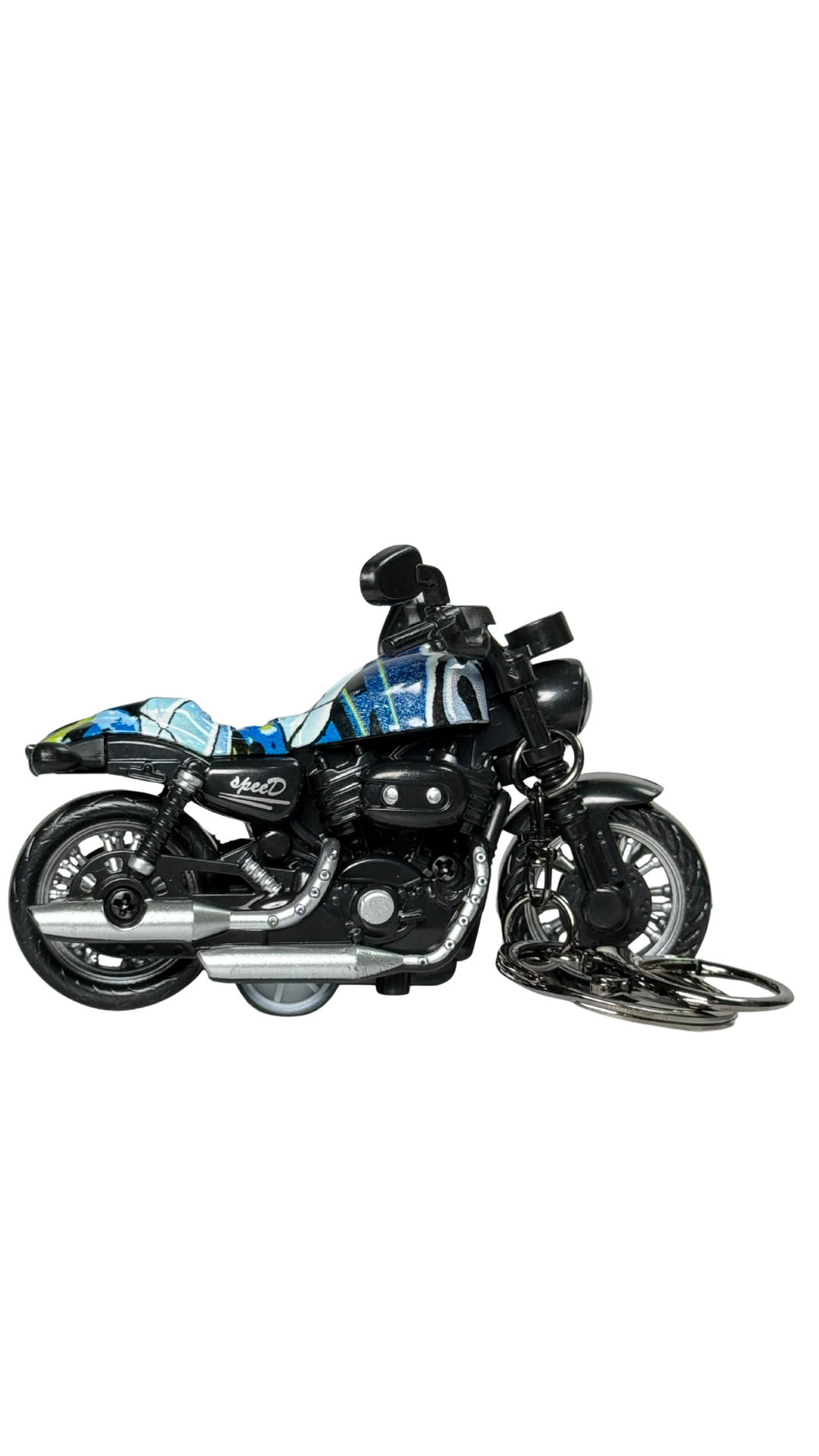 Cruiser Chopper Motorcycle Black & Blue Abstract Tank Replica Keychain | Hellzone