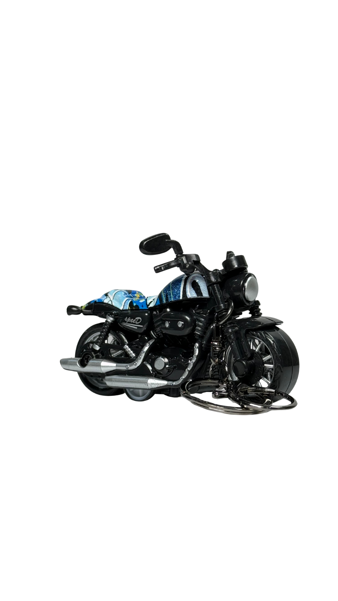 Cruiser Chopper Motorcycle Black & Blue Abstract Tank Replica Keychain | Hellzone