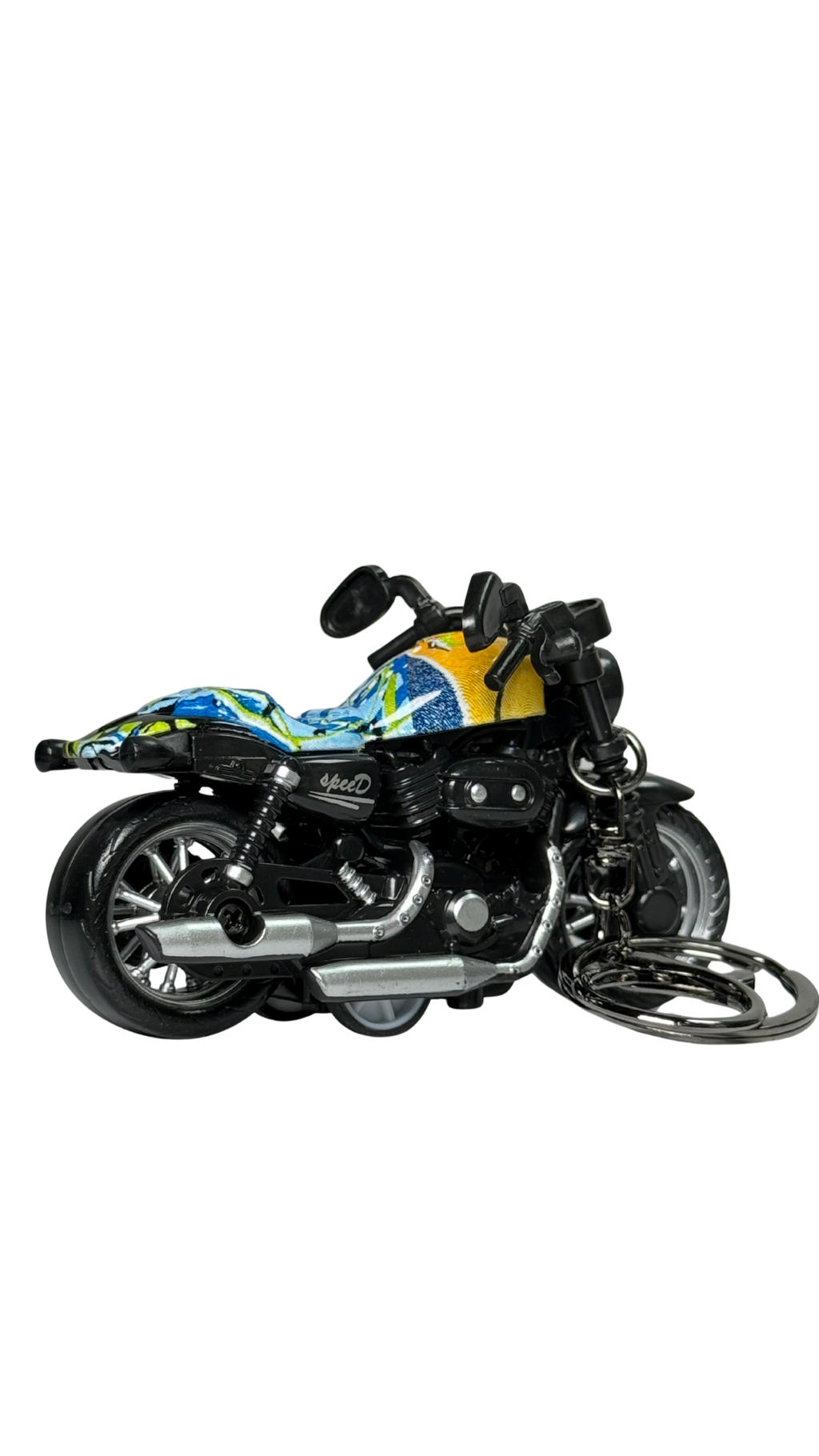 Cruiser Chopper Motorcycle Black & Tropical Abstract Tank Replica Keychain | Hellzone