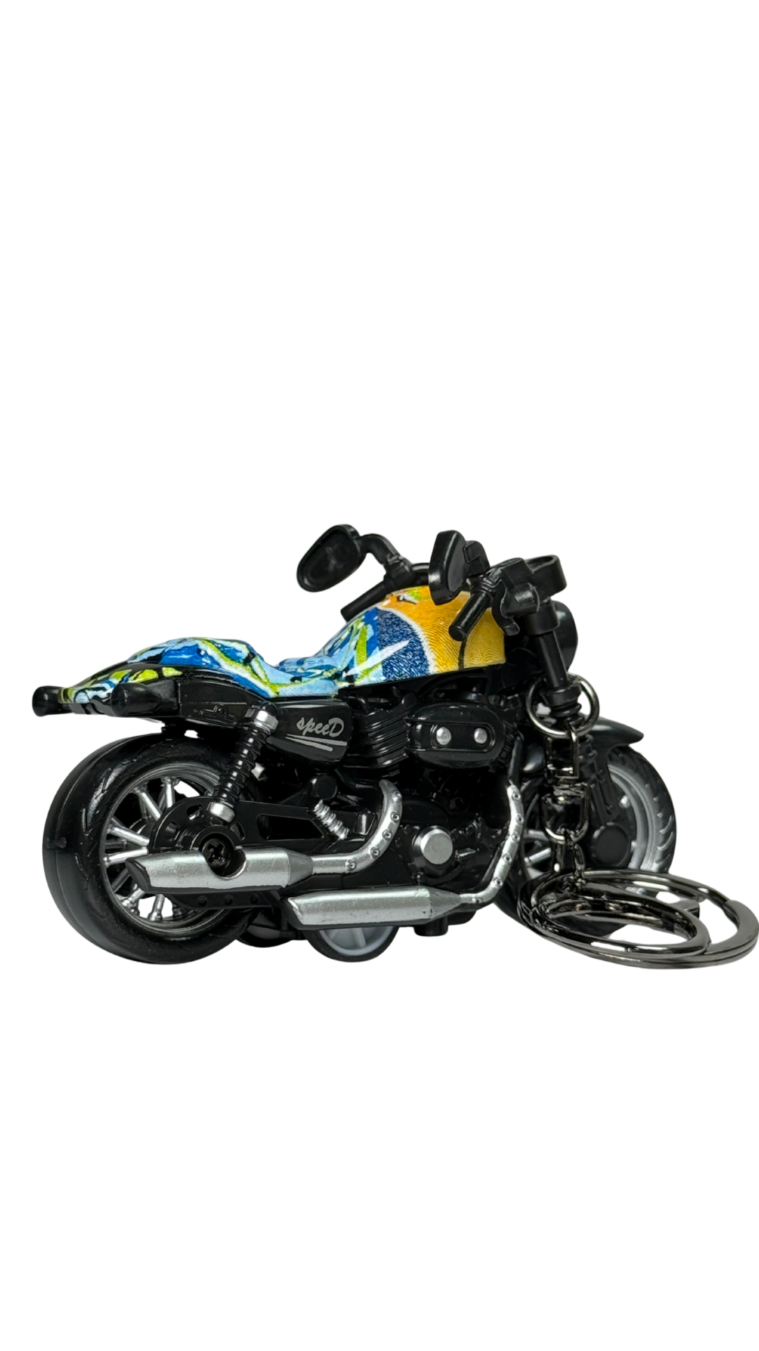 Cruiser Chopper Motorcycle Black & Tropical Abstract Tank Replica Keychain | Hellzone