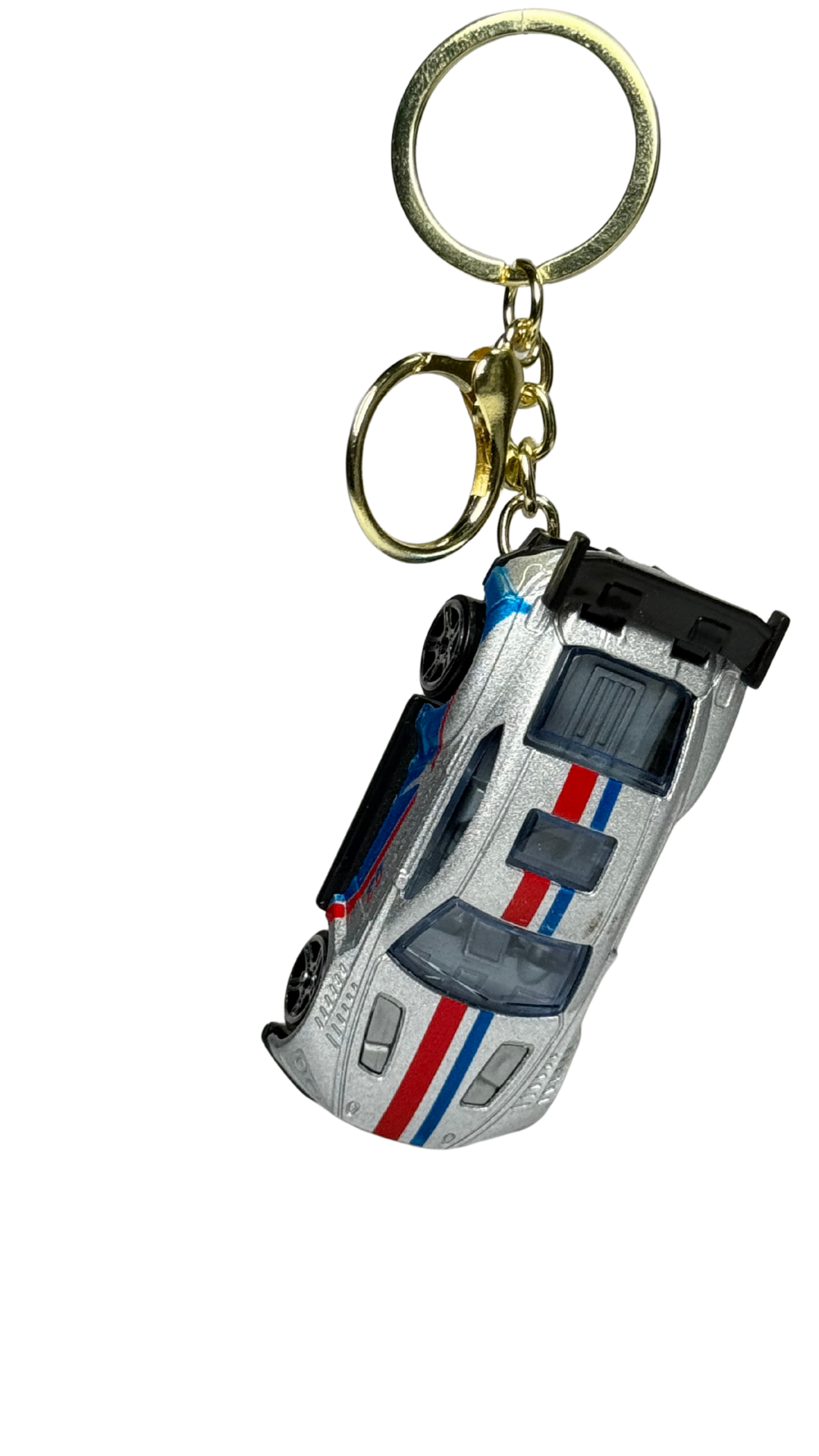 GT Race Car Silver Finish with Blue & Red Stripes Keychain | Hellzone