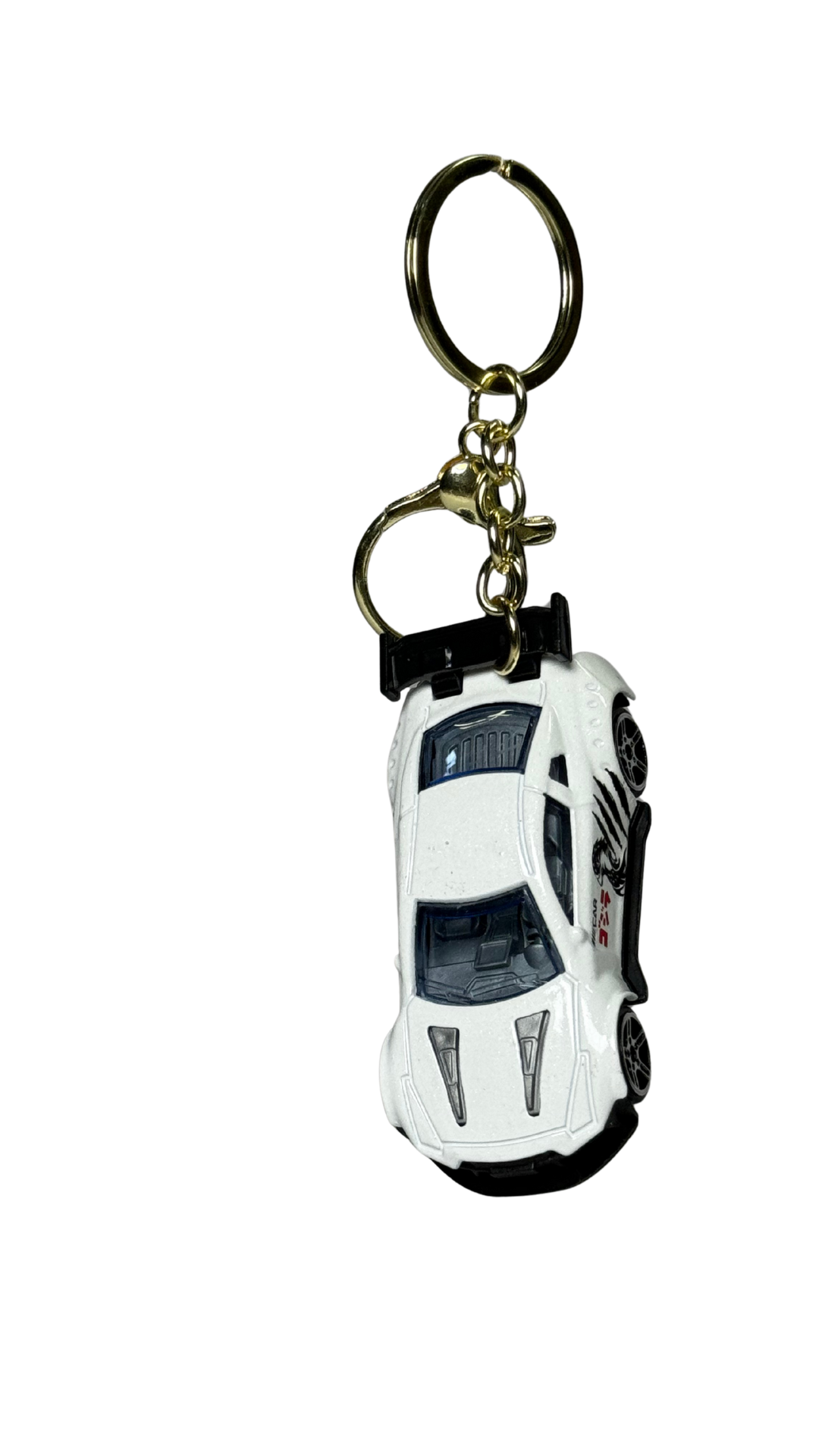Race Car White GT Model with Large Spoiler & Gold Ring Keychain | Hellzone