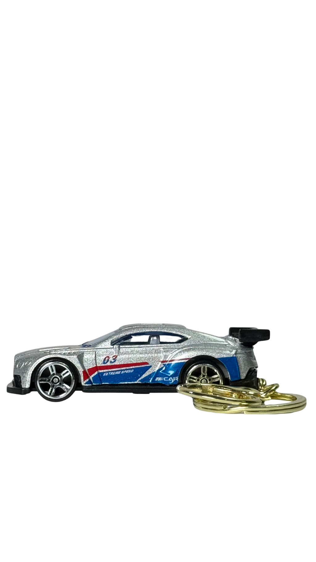 GT Race Car Silver Finish with Blue & Red Stripes Keychain | Hellzone