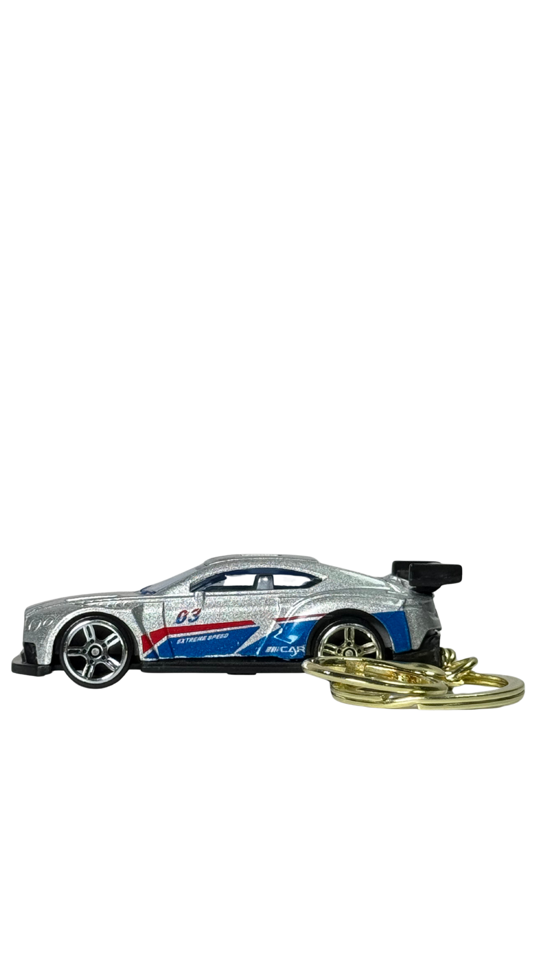 GT Race Car Silver Finish with Blue & Red Stripes Keychain | Hellzone