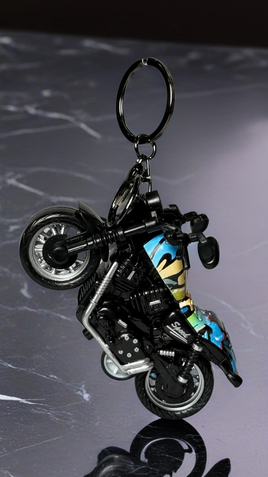 Cruiser Chopper Motorcycle Black & Blue Urban Graffiti Tank Replica Keychain | Hellzone